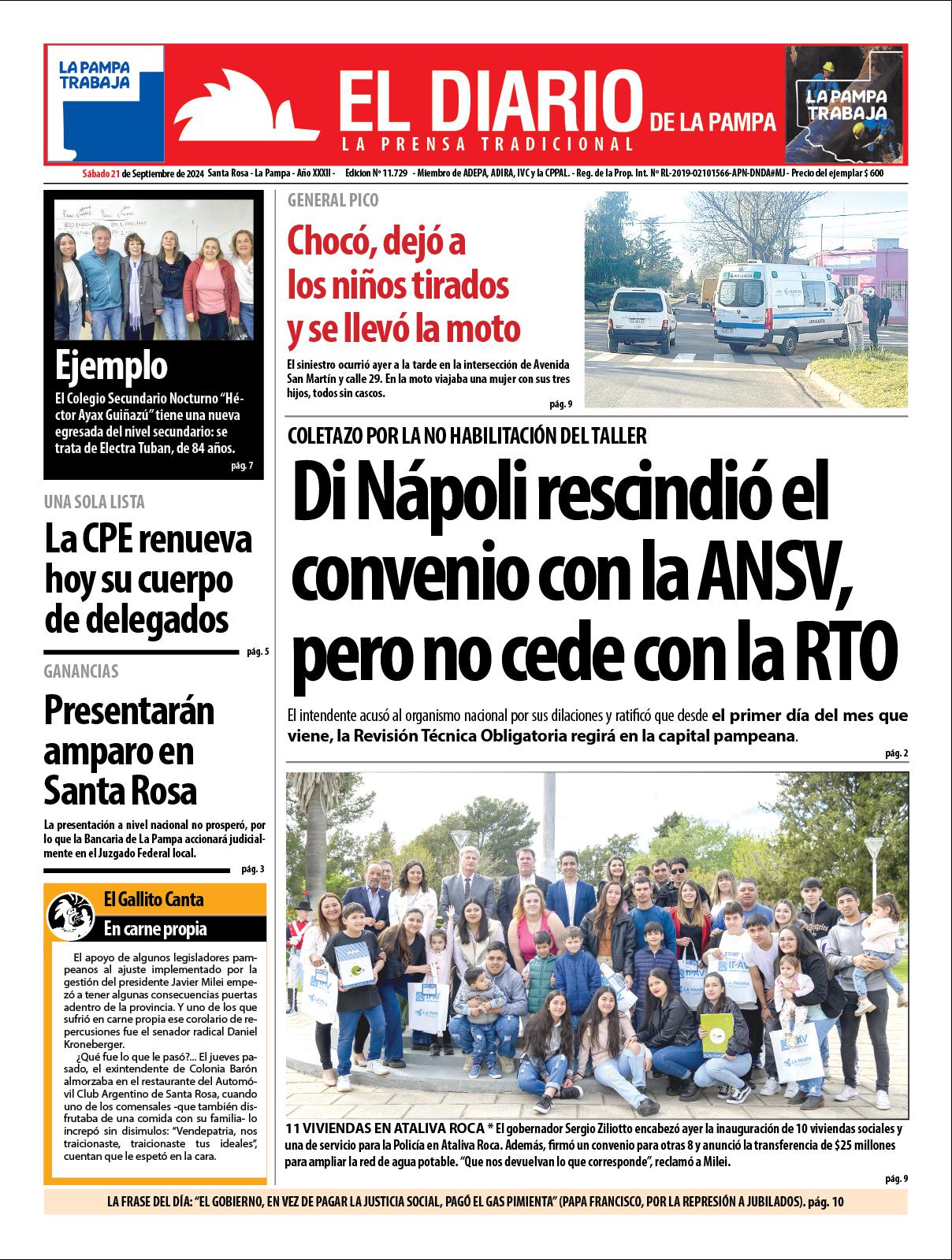 Tapa de El Diario en papel  saacutebado 21 de septiembre de 2024